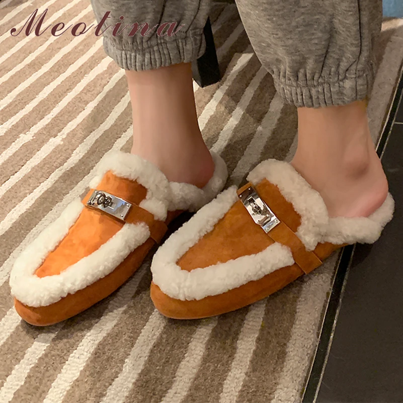 

Meotina Women Genuine Leather Mules Round Toe Wool Flats Metal Decoration Mixed Colors Kid Suede Ladies Fashion Shoes Winter 40