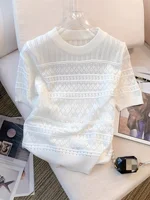 2026 New  Summer Thin Hollow Out Crew Neck Pullover Sweater Versatile Short Sleeve Knitted Top For Spring & Women's Clothing
