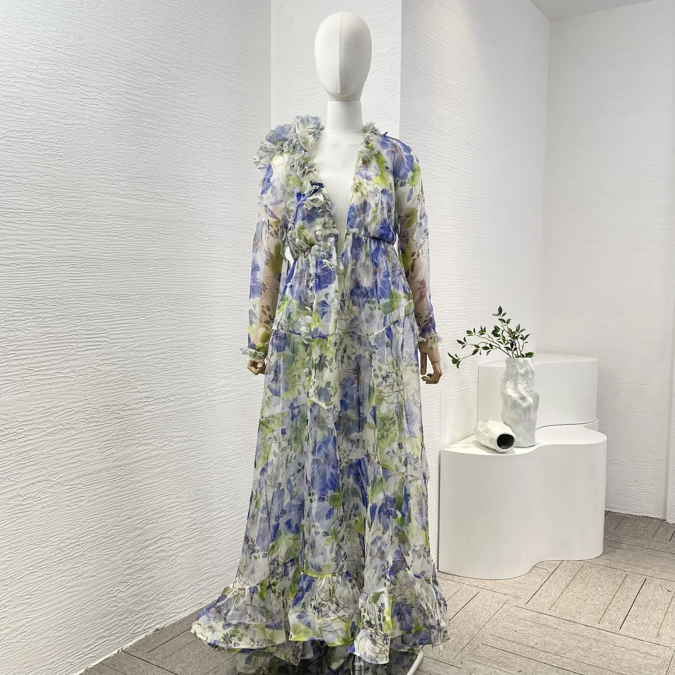 

Женское плиссированное платье макси, летнее платье из высококачественного шелка с аппликацией и цветочным принтом, 2024