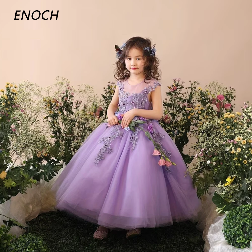 ENOCH O-Neck Flower Girl Dresses Sleeveless Flowers Zipper Back Ankle Length Birthday Wedding Party Gowns Vestidos Para Niñas