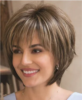 Parrucche per capelli corti con frangia Parrucca taglio pixie biondo misto marrone scuro per parrucche diritte in fibra sintetica da donna