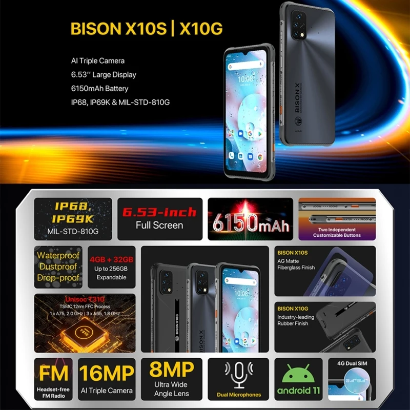 best phone of poco UMIDIGI BISON X10G Global Version Rugged Phone 4GB RAM+32GB/64GB ROM IP68 Waterproof 6.53'' Android 11 UMS312 T310 Quad Core poco best camera phone