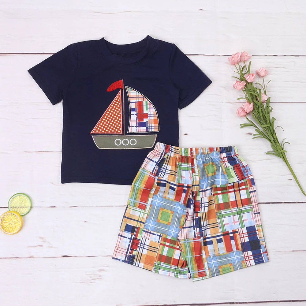 

Wholesale Baby New Cotton Short Sleeved T-shirt Set Round Neck Boat Printing Boy Top Clothes And Multicolor Shorts Suit