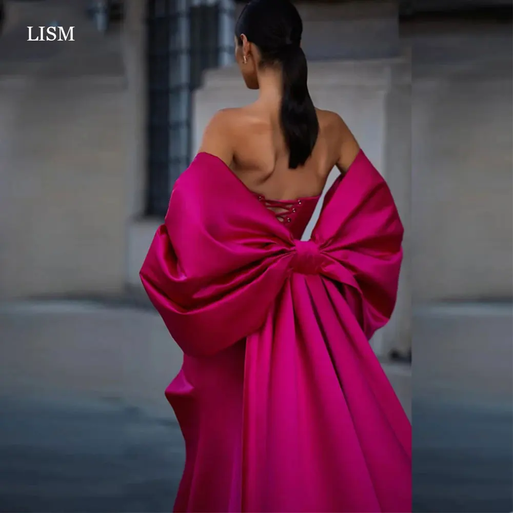 

LISM Romantic Mermaid Evening Dresses Pink Satin With Detachable Bow Train Sleeveless Splilt Prom Gowns Sweetheart For Birthday