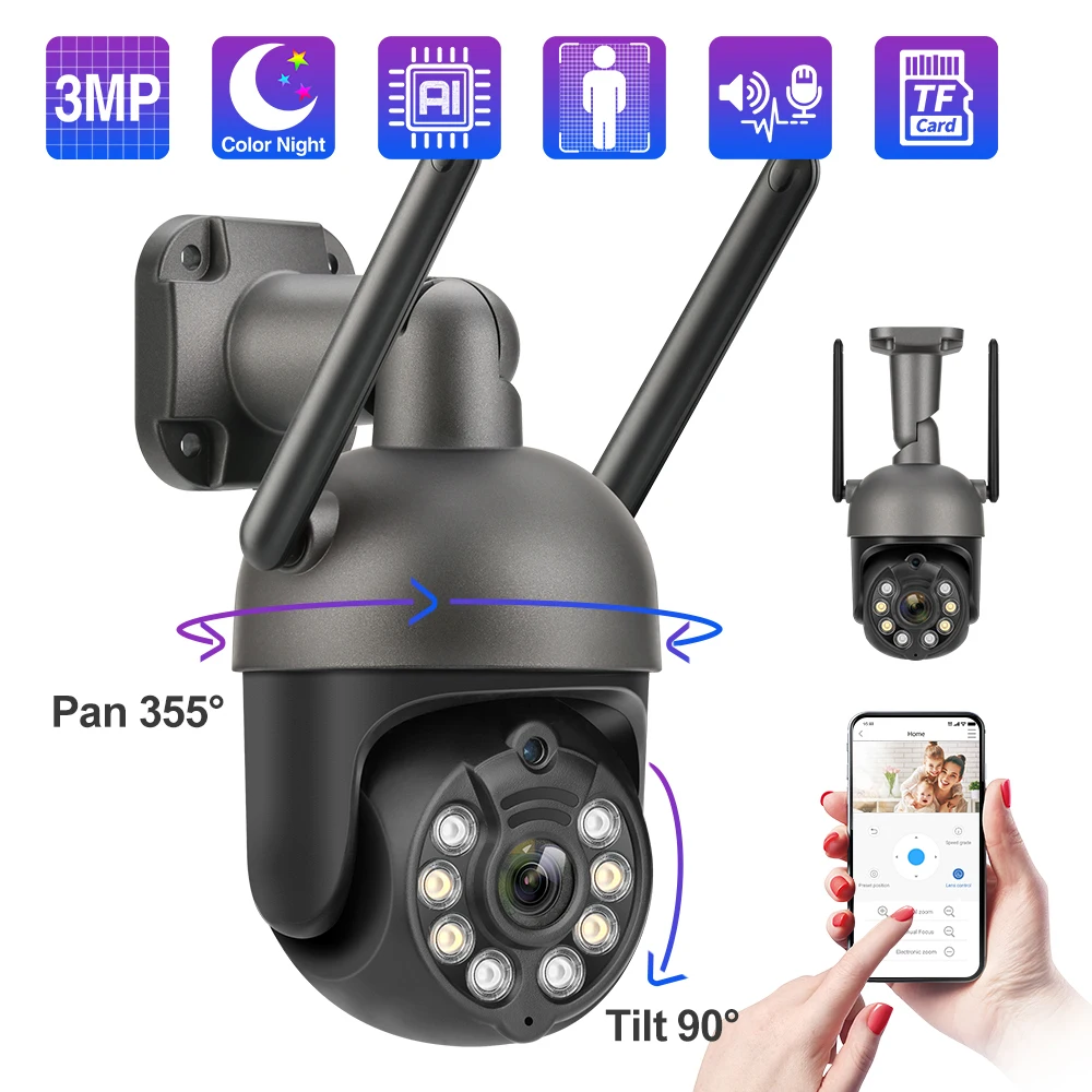 

New 3MP PTZ WiFi IP Camera Outdoor Speed Dome Wireless Camera Auto Tracking AI Human Detection Color Night Vision P2P Audio