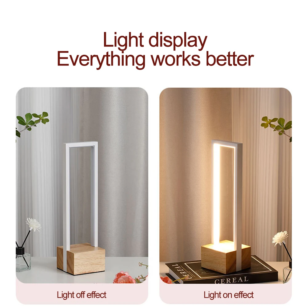 LED Table Lamp USB Nightstand Lamp 3 Color Temp Geometric Nightstand Lamp Stepless Dimmable Desk Light Wooden Base for Bedroom 4