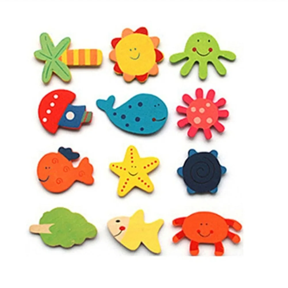 Cute Fridge Magnet Stickers 12Pcs/Set Wooden Cartoon Shape