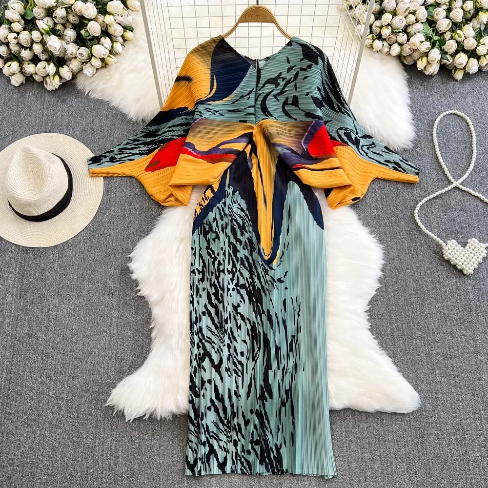 

Miyake Pleated Summer Dress Women 2023 New V Neck Batwing Sleeve Floral Printing Slim Waist Midi Dresses Fashion Vintage A9425