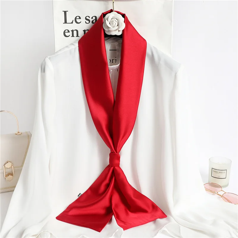 Sa2613d72a85a4972a4cd8fc53ad5ab8dY Solid Color Neckerchief Long Hair Scarves Female Silk Satin Neck Scarf For Women 14x145CM Fashion Headbands Plain Bag Scarf Mallzona