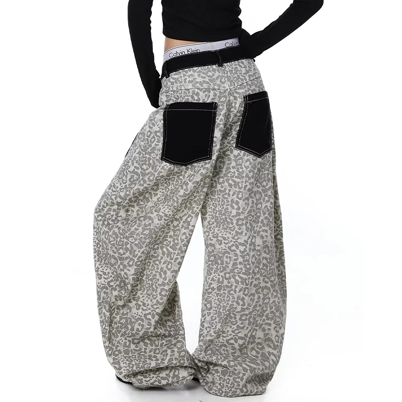  American Design 2026 Spring Summer Leopard Print Denim Pants Women Loose Sexy Slimming Knife Floor-Length Casual Trousers 3