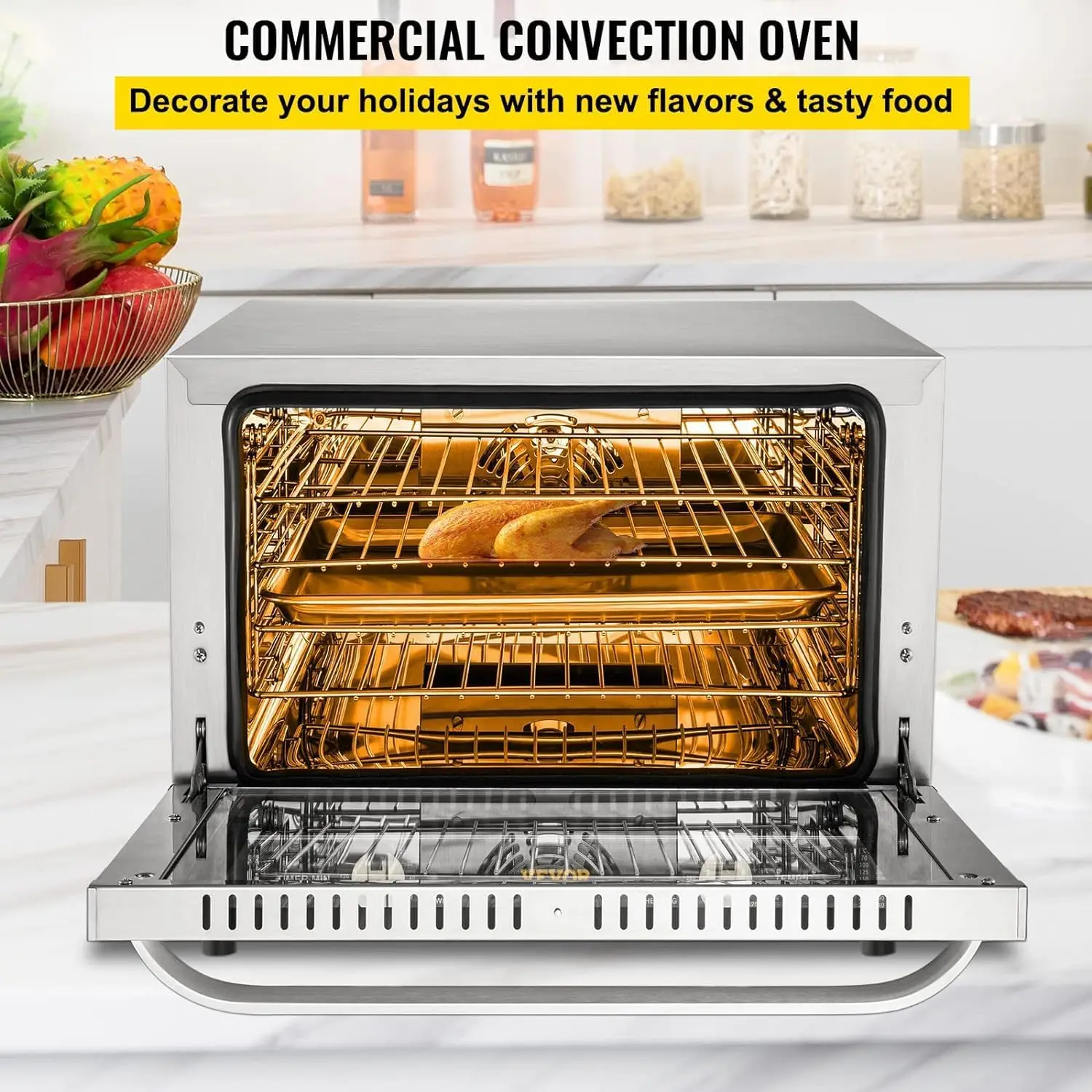 Commercial Convection Oven, 66L/60Qt, Half-Size Conventional Oven Countertop, 1800W 4-Tier Toaster w/Front Glass Door, w/Trays 2
