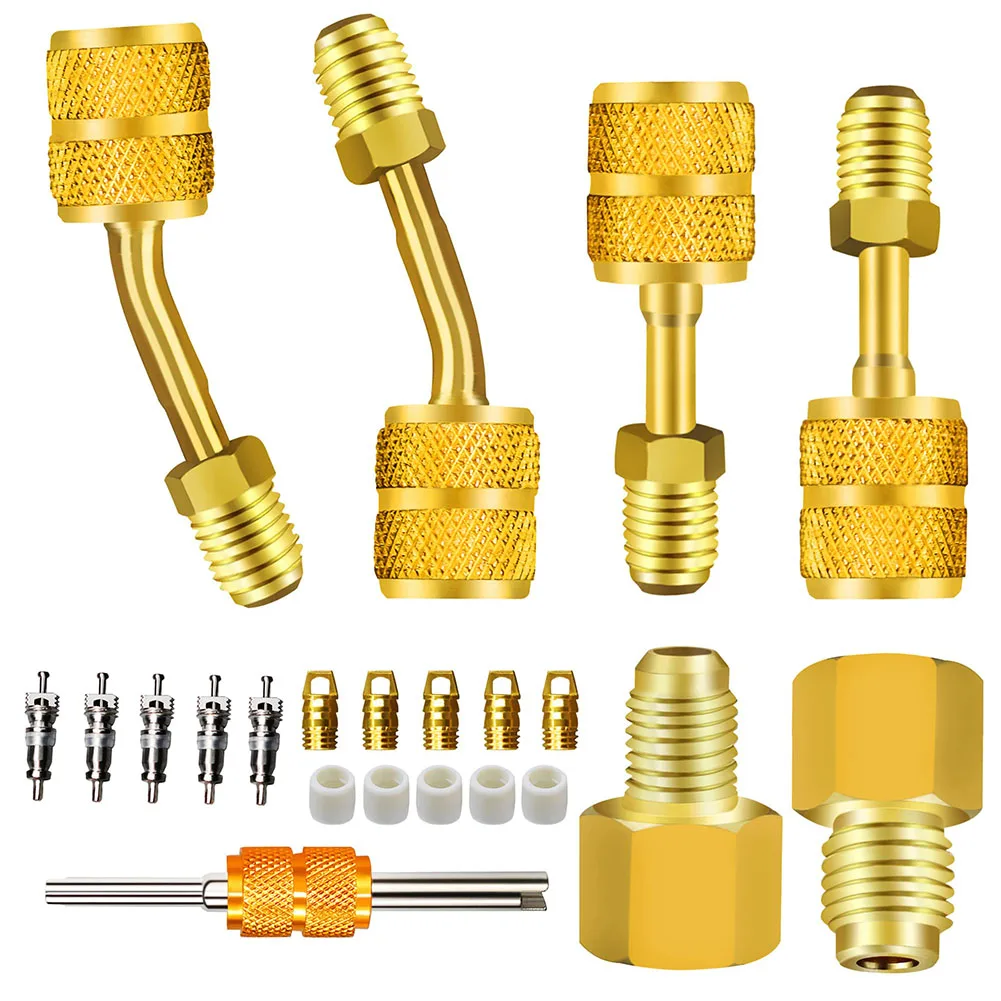 

For Mini Split System Vacuum Pump Adapter R410A Adapter Valve Core 5/16 Female 1/4 Angled Brass Hose Gasket Remover