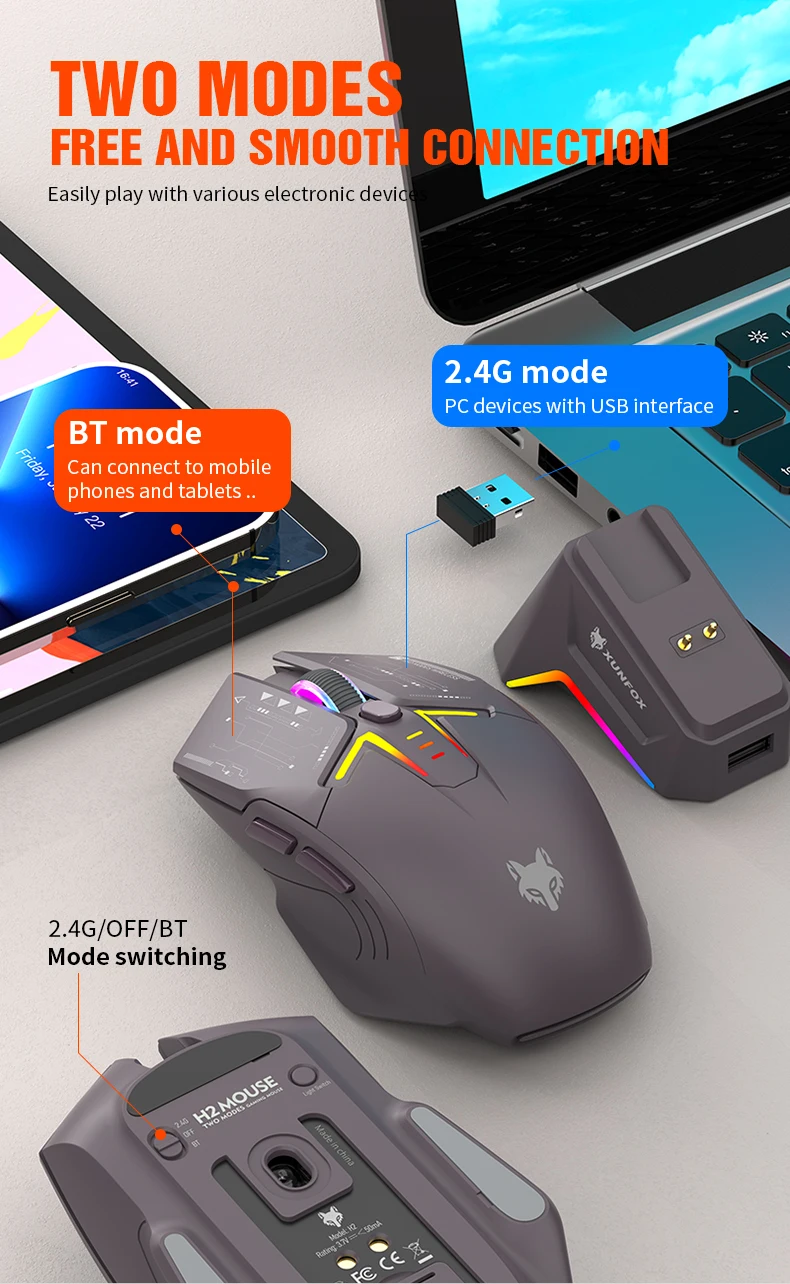 XUNFOX H2 Bluetooth Wireless Mouse Laptop Desktop Home Office Magnetic Fast Charging Luminous Mouse