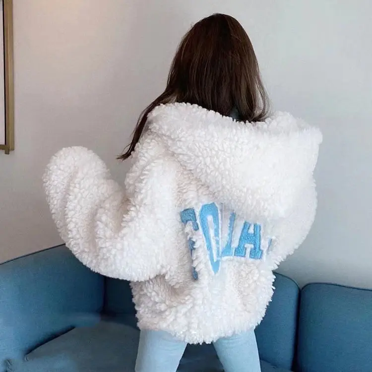 

Soft plush coat women loose casual letter embroidery imitation lamb wool autumn winter long sleeve furry Y2K Streetwear outwear