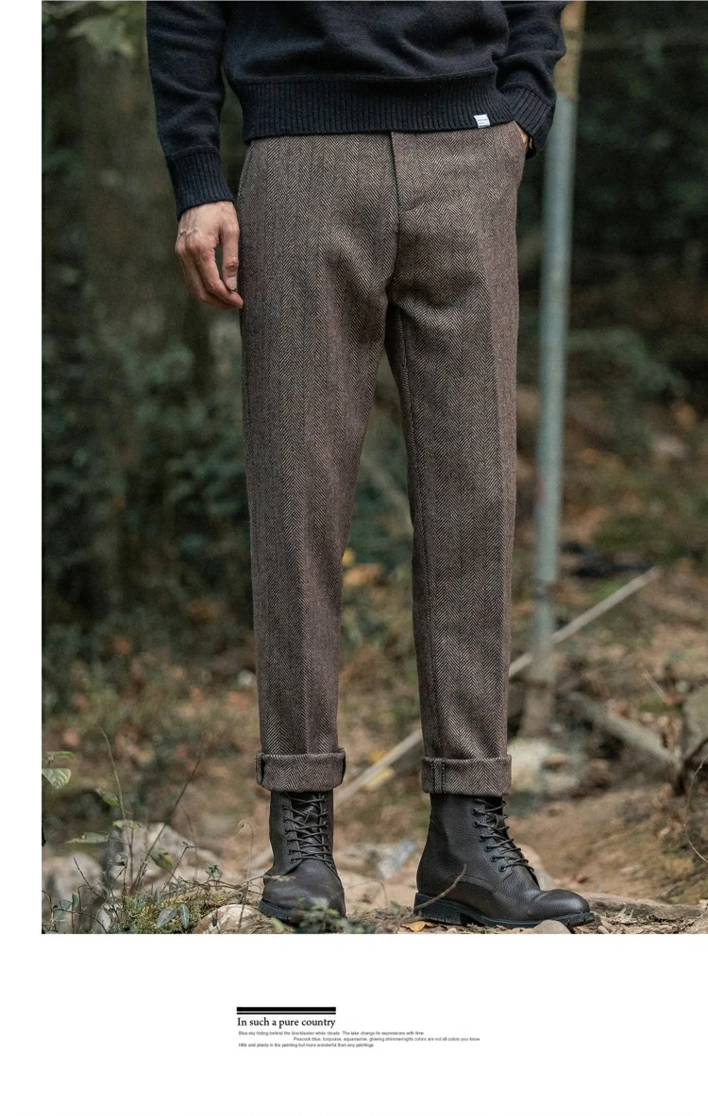 Herrenhose aus Wolle für Herbst und Winter, großes Fischgrätenmuster, britische Retro-amerikanische Freizeithose aus Haremwolle mit geradem Bein – Detail 7