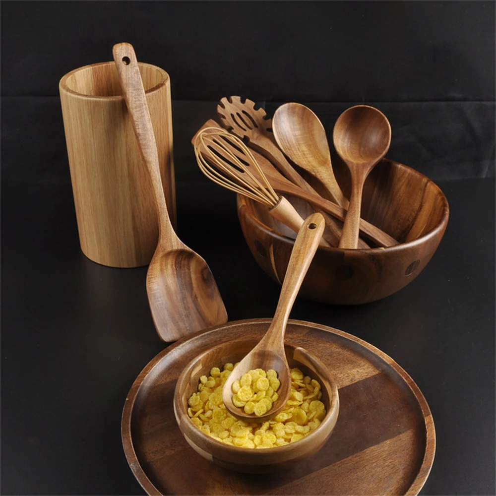 

7Pcs/Set Teak Natural Wood Tableware Non Stick Kitchen Cookware Nano Soup Skimmer Cooking Spoon Reusable Utensils Ktchen Tool