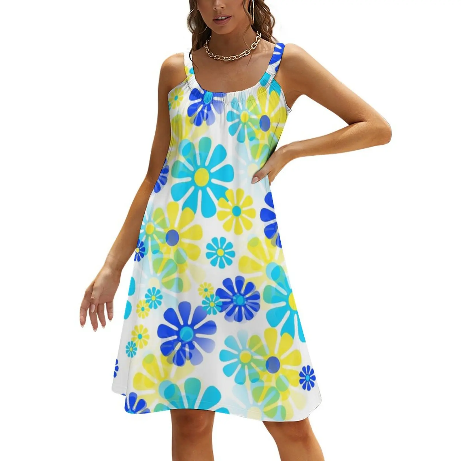 

60's Retro Groovy Mod Flowers in Yellow, Aqua and Blue Beach Sling Skirt Casual dresses women long dresses