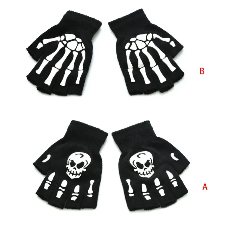 

Toddler Kids Halloween Cosplay Skeleton Skull Half Finger Gloves Glow in the Dark Luminous Fingerless Winter Mittens