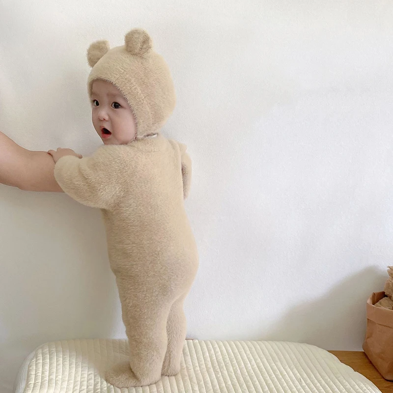 Newborn Baby Boy Girl Jumpsuit Kids Bear Hooded Romper Bodysuit Clothes Outfits Mink Fleece Long Sleeve Toddler One Piece Outfit