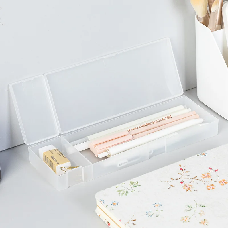 Pencil Cases Pens Storage School Office Simple Matte Transparent Plastic Box Frosted White Stationery Supplies