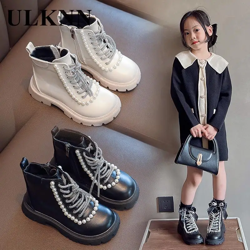 2023 Winters Girls Short Boots Princess Pearl Girl Boots Velvet White Students Outdoor Casual Shoes Comfortable Low Short Boats