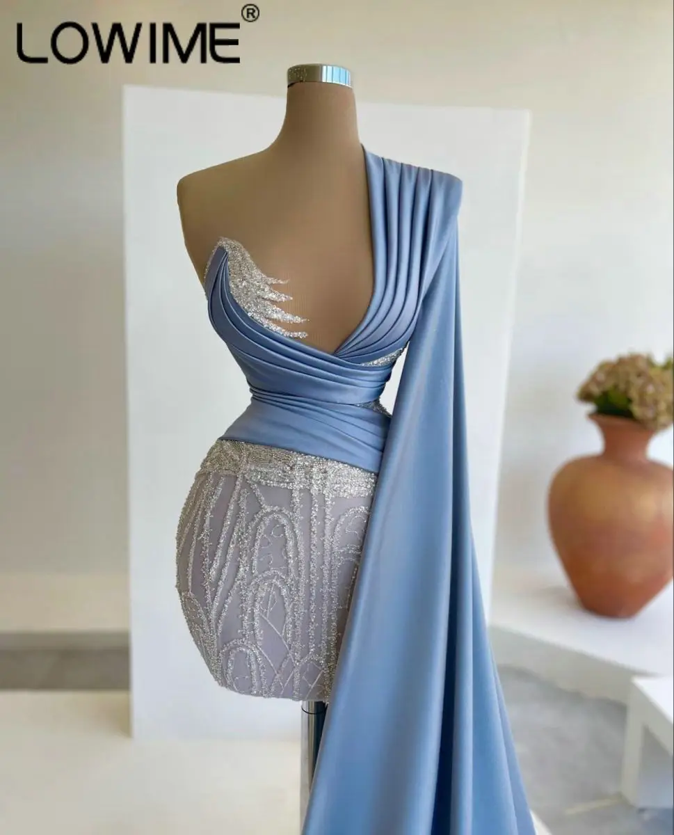 

Light Blue One Shoulder Short Mermaid Prom Dresses Sexy Deep V Neck Mini Girls Party Dress Haute Couture Gowns of Elegance