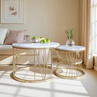 Table basse (lot de 2) ronde en marbre, ensemble de tables de salon avec structure en métal, table d'appoint pour salon, balcon ou bureau 2