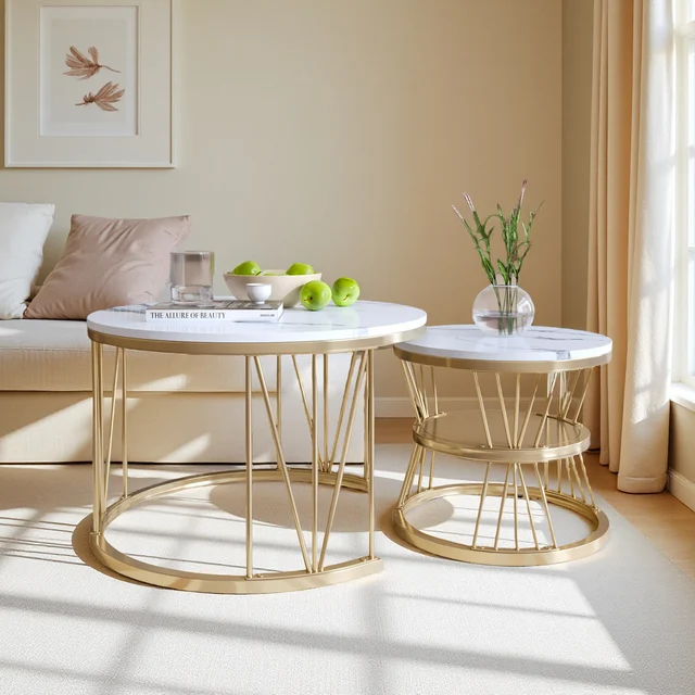 Table basse (lot de 2) ronde en marbre, ensemble de tables de salon avec structure en métal, table d'appoint pour salon, balcon ou bureau 1