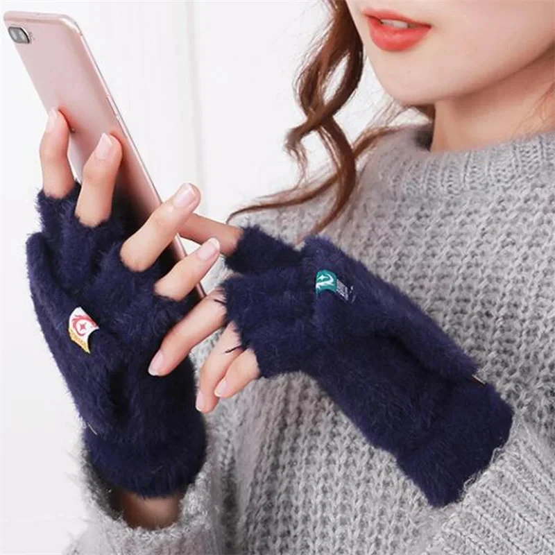 Plush Fingerless Gloves Female Winter Mitten Soft Warm Student Women Flip Gloves Outdoor Write Thickened Cold Protection