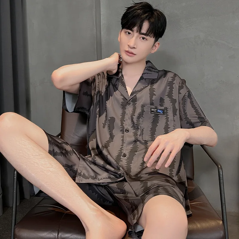 Men's Pajamas, Short Sleeved Shorts, Thin Ice Silk, Summer Men's Summer Silk, Men's Outdoor Home Clothing Set Sleepwear Pajama