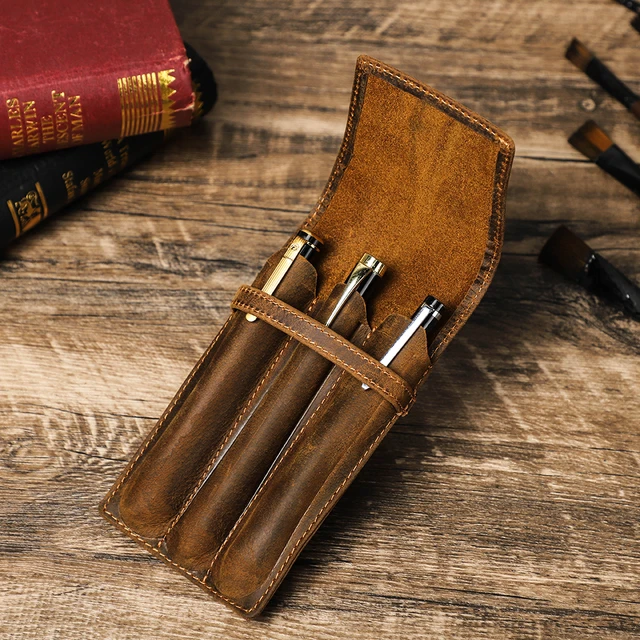 Handmade Crazy Horse Leather 1/2/3 Slots Pen Case Organizer Pocket Pen  Holder Case for Adult Office School Vintage Retro Style - AliExpress