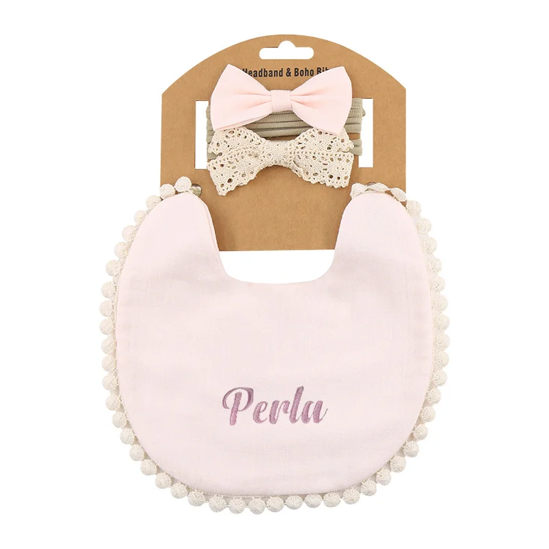 맞춤형  이름 턱받이와 헤어밴드 세트, 수유용 트림핑크,  샤워 선물, 여자아이 선물