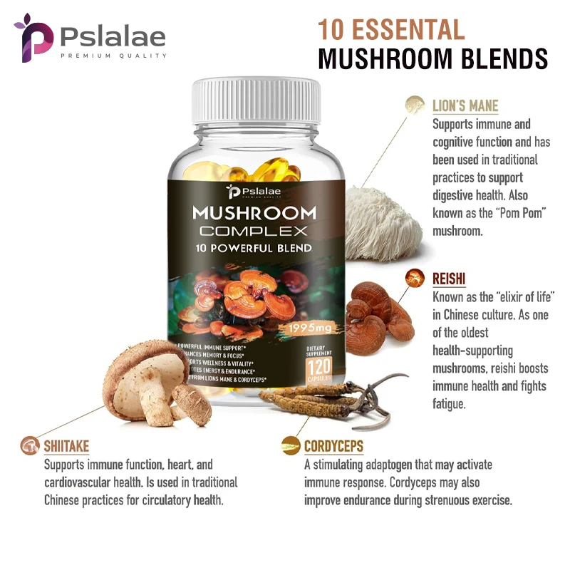 Mushroom Complex Capsules-Lions Mane Chaga Reishi Cordyceps-Support Immune System Memory Focus and Relieve Stress