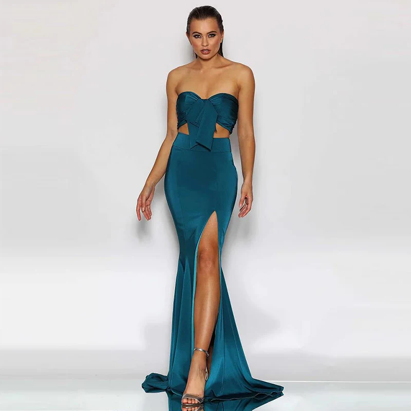 

Blue Robes De Cocktai Prom Dress Sexy Sweetheart Side Split Open Back Fashion Bow Zipper Up Floor-Length فساتين السهرة Sweep