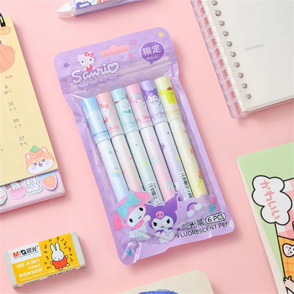 Highlighter Pen 6Pcs Sanrio Hello Kitty Cinnamoroll Set Kawaii Kuromi Melody Art Fluorescent Markers Pens Girls Gifts