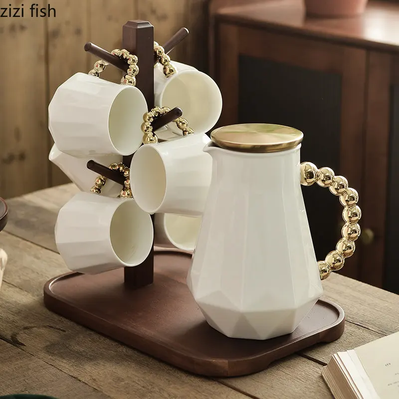 

White Ceramic Tea Set Kettle Water Cup Juice Pot Water Bottle Wooden Tea Tray Teaware Sets Tea Making Tools Afternoon Tea Set