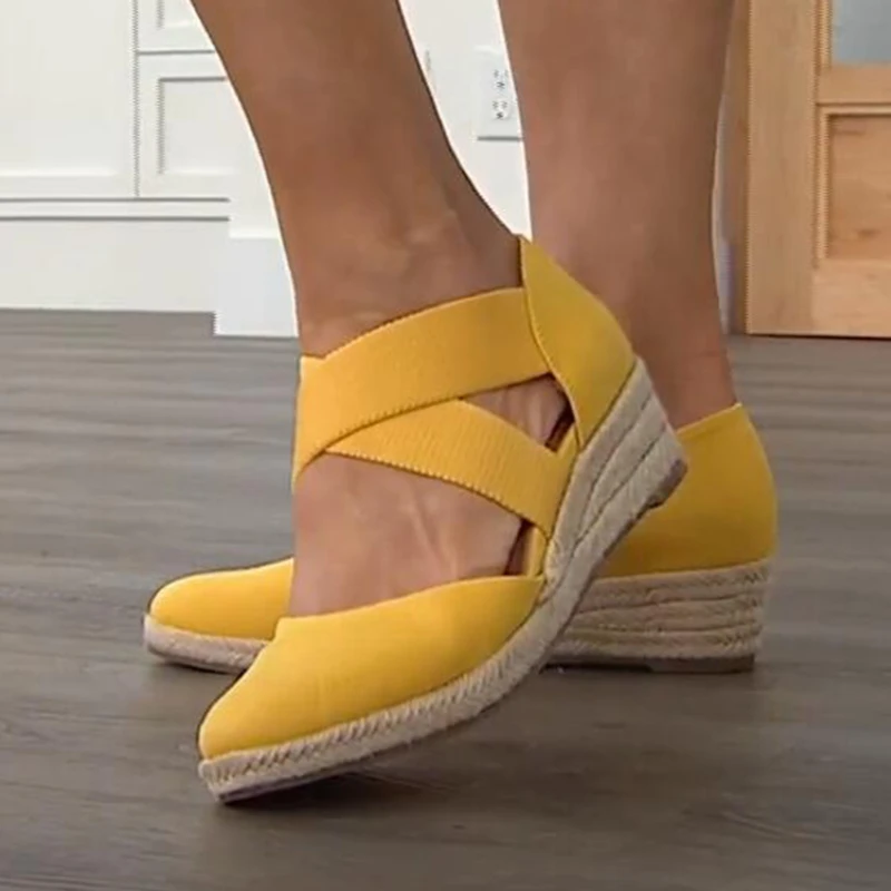 Sandals for Women Summer 2022 Casual Wedge Ladies Shoes New Pointed Toe Closed Toe Hemp Heel Slip On Beach Footwear Sandalias