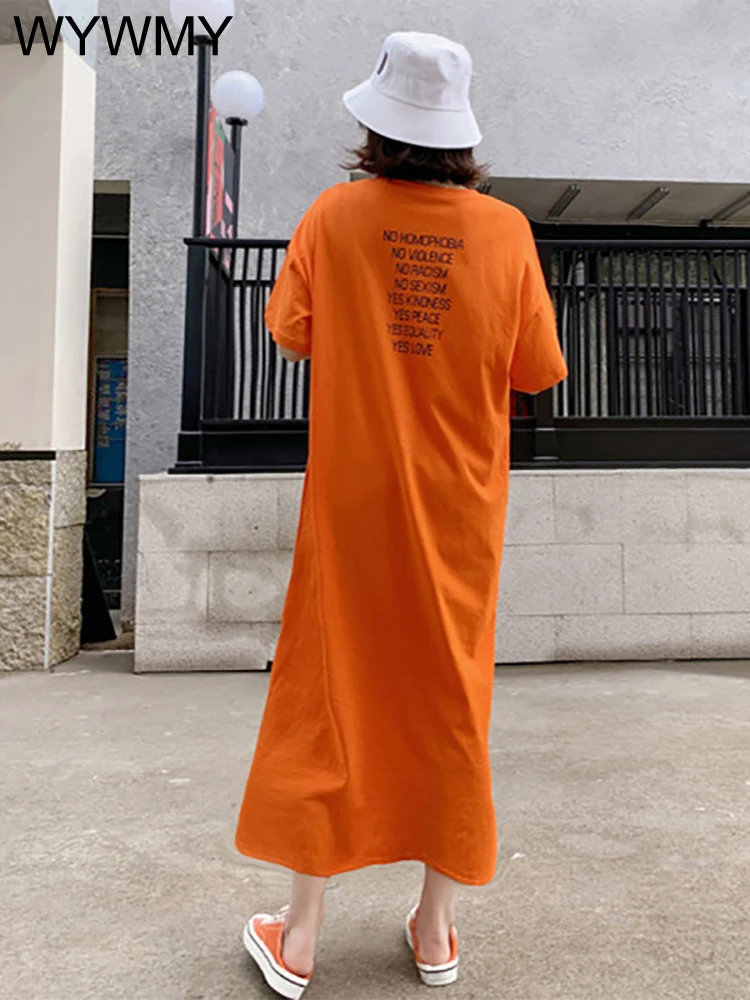 

WYWMY 2023 Новинка весенне-летнее женское платье с коротким и длинным рукавом корейская мода Повседневное платье Свободное длинное платье-футболка женские платья