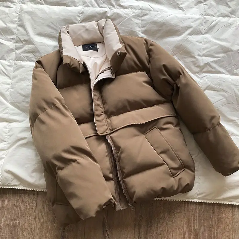 jaqueta de inverno das mulheres streetwear zíper em linha reta algodão casaco acolchoado sólido novo quente femme parkas bege