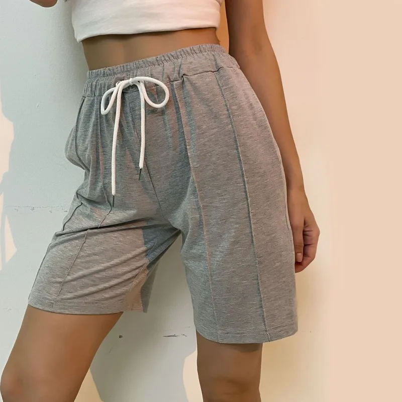 Summer Women's Shorts Straight Leg Draw Pleated Gray Sports Quarter Pants Women Women Pants Ropa De Mujer Polyester