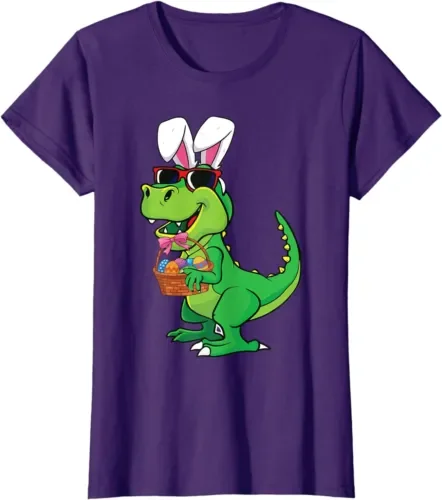 Easter Boy T Rex Funny Bunny Dinosaur Eggs Basket Camicia Girocollo Da Donna Maniche Lunghe O Corte