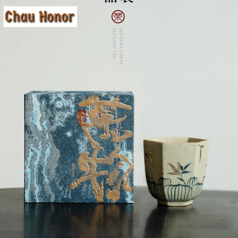 55ml Handmade Gold Drawing Bamboo Shadow Teacup Blue And White Flint Red Personal Master Cup Hexagonal Meditation Cup Drinkware