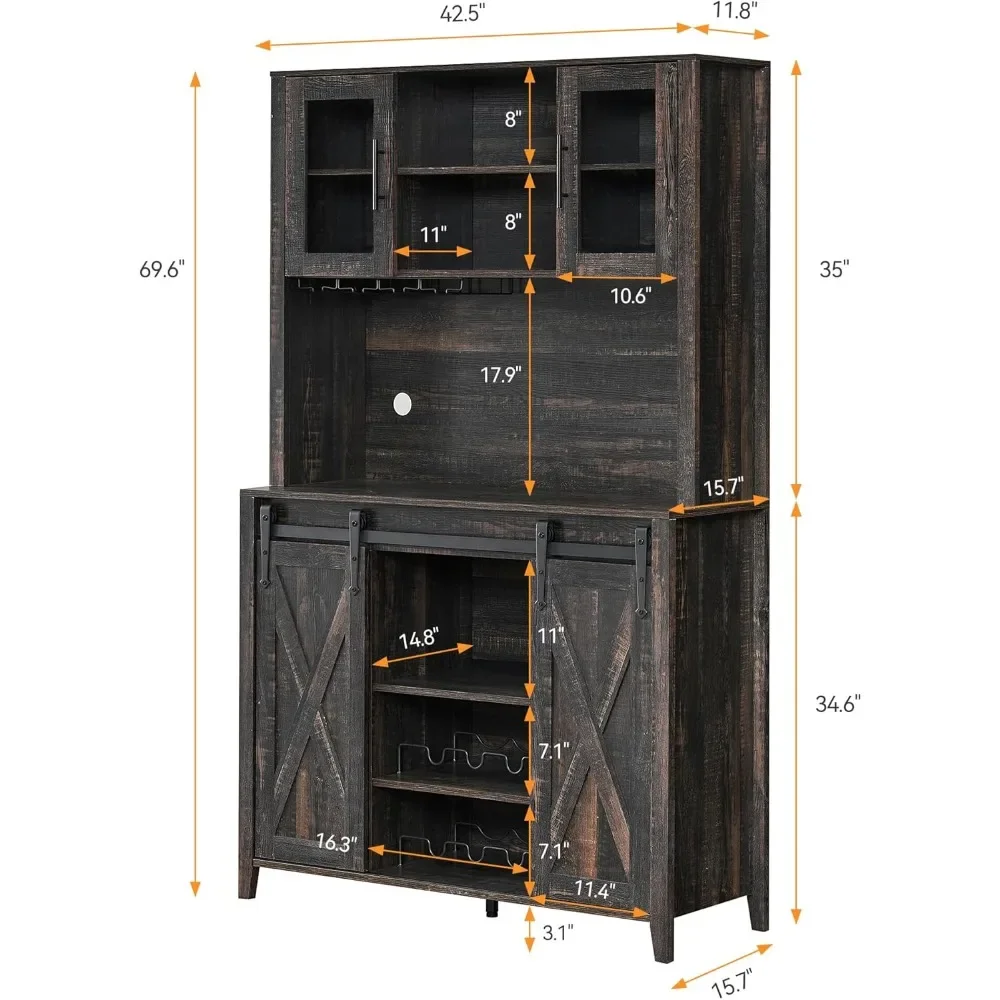 Farmhouse Coffee Bar Cabinet with Sliding Barn Door, 70" Tall Buffet Cabinet with Storage Shelves, Liquor Wine