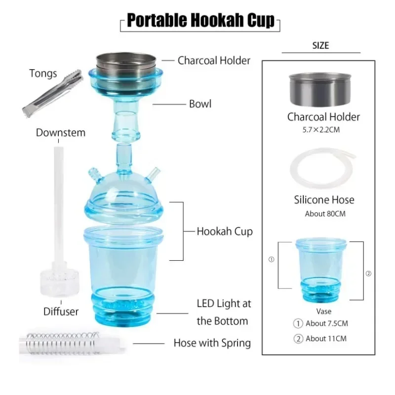 Plastic Car Hookah Set Portable Mini Shisha LED Handheld Narguile Complete Kit Cachimbas Water Pipe Chicha Accessory