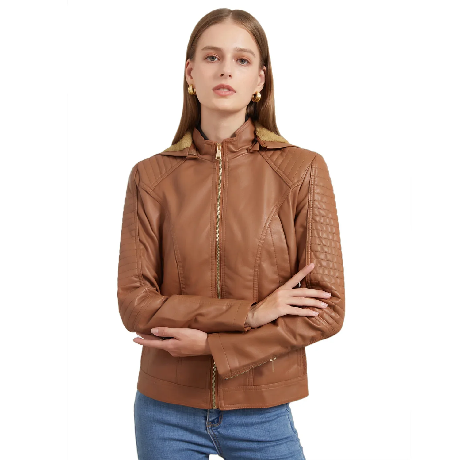 Women Leather Jacket New Style Cross-border Fleece-lined Women's Leather Jacket Hoodie Autumn/winter Warm