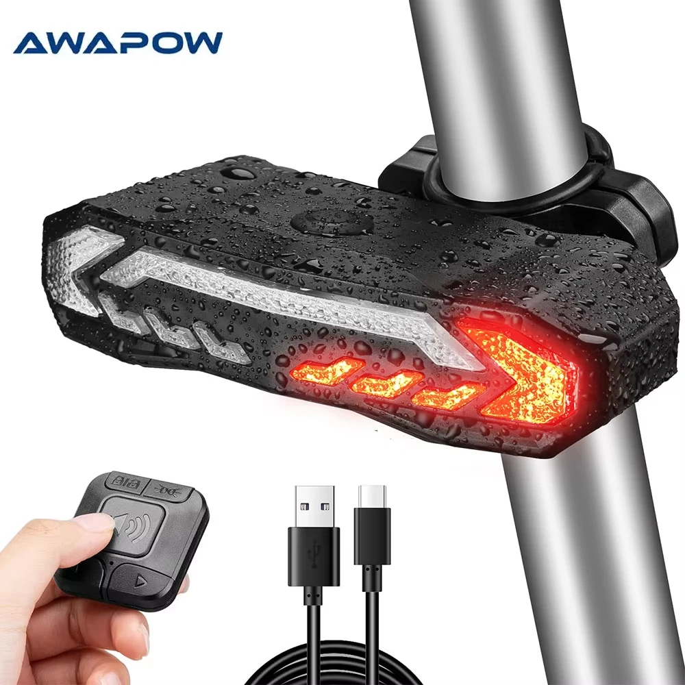 Awapow 5 In 1 Bicycle Alarm Anti Theft Bike Taillight Alarm IP54 Waterproof Remote Control Bike Tail Light with Turn Signals