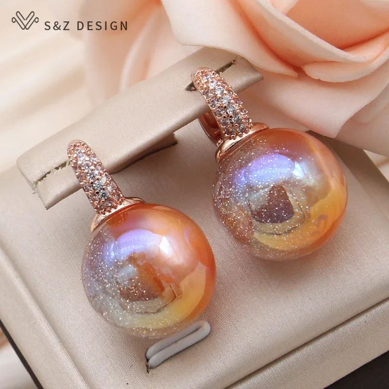 S&Z DESIGN New Fashion Round Colorful Beads Dangle Earrings For Women Wedding 585 Rose Gold Color Jewelry Cubic Zirconia Eardrop