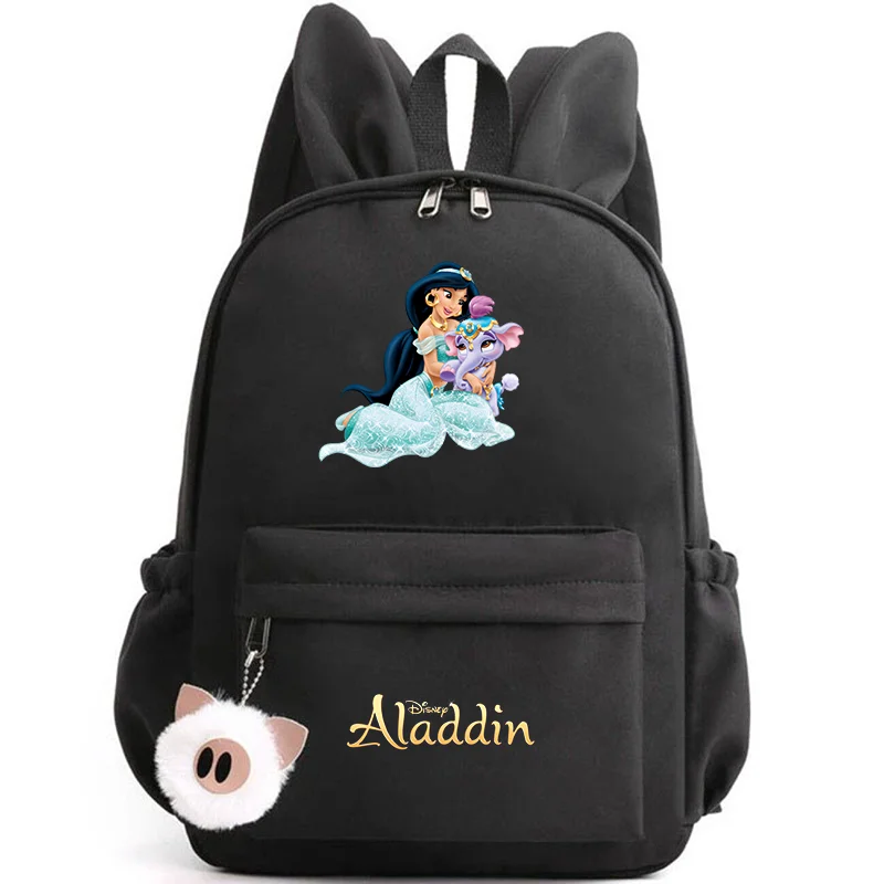Aladdin Jasmine princess-themed backpack with rabbit ears for kids and teens, ideal for school and travel. black