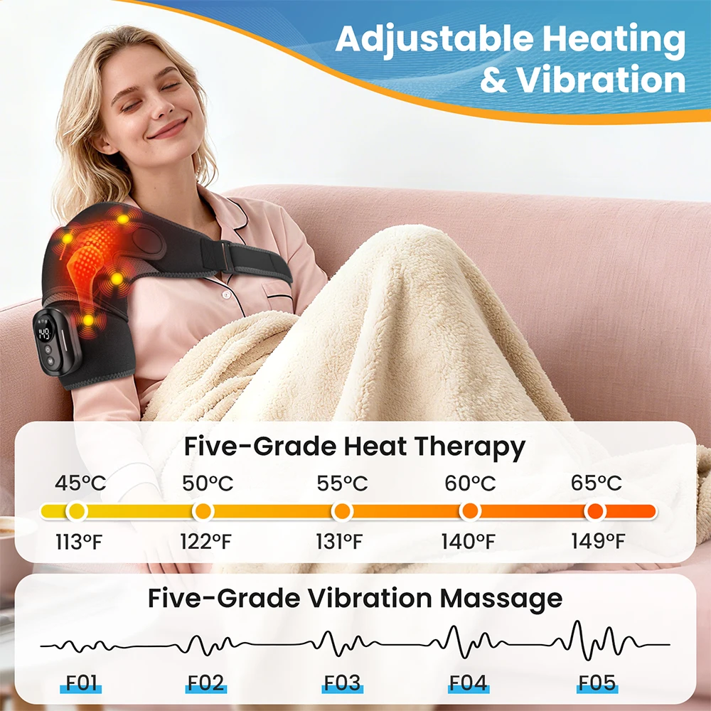   Heating Vibration Shoulder Massage Wrap Pad 4 Motors 5 Temp Settings With Remote Control Fits Both Shoulders