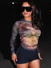 Yomesugar Sexy Mesh See Through T-Shirts Woman Hipster Colorful Print O-Neck Full Sleeve Skinny Tops Graphic Tees Y2k Streetwear